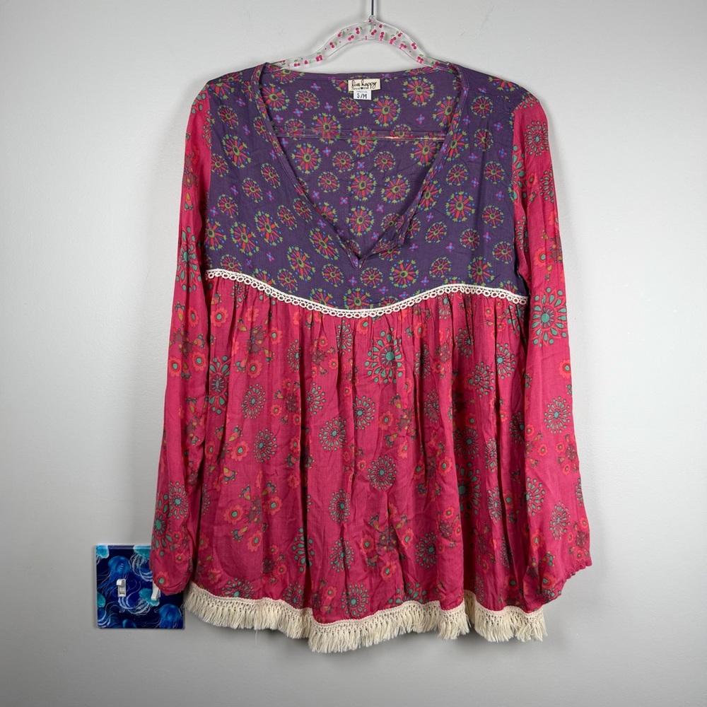 Natural Life Boho Printed Tunic Blouse Pink Purple Fringe Rayon Top S/M Hippie